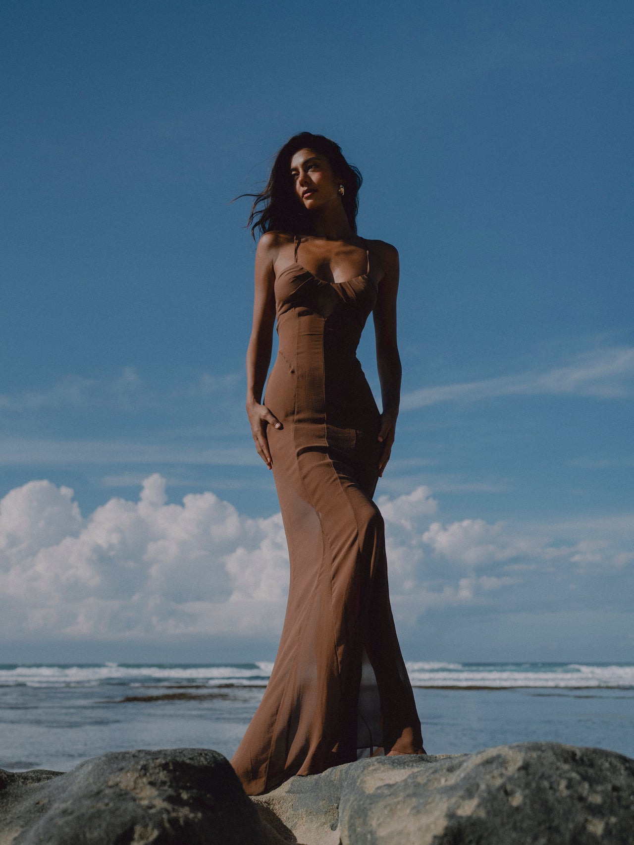 ALLURE SILK CHIFFON DRESS MOCHA